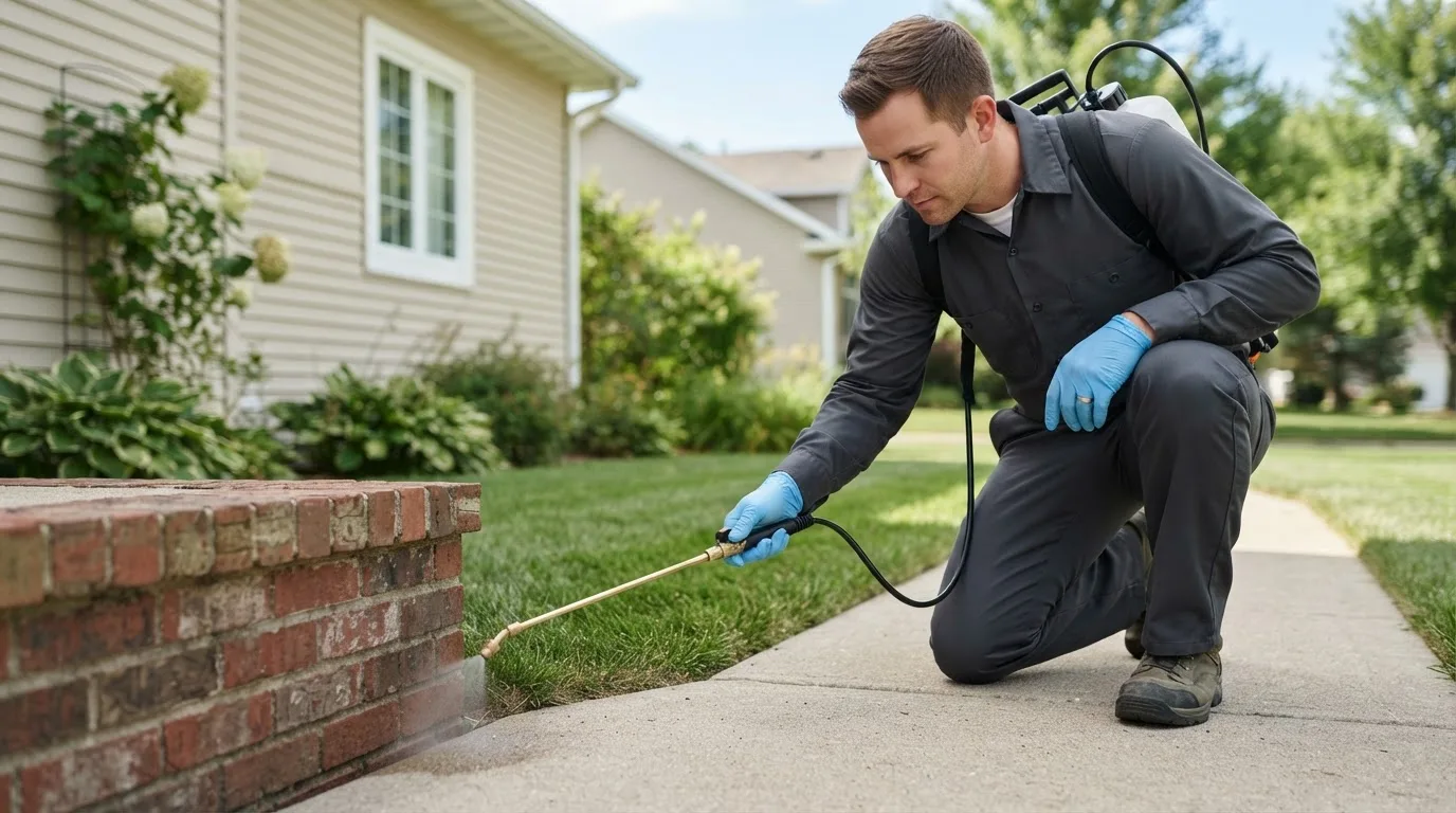 Pest control technician treating a home near The Rock, GA