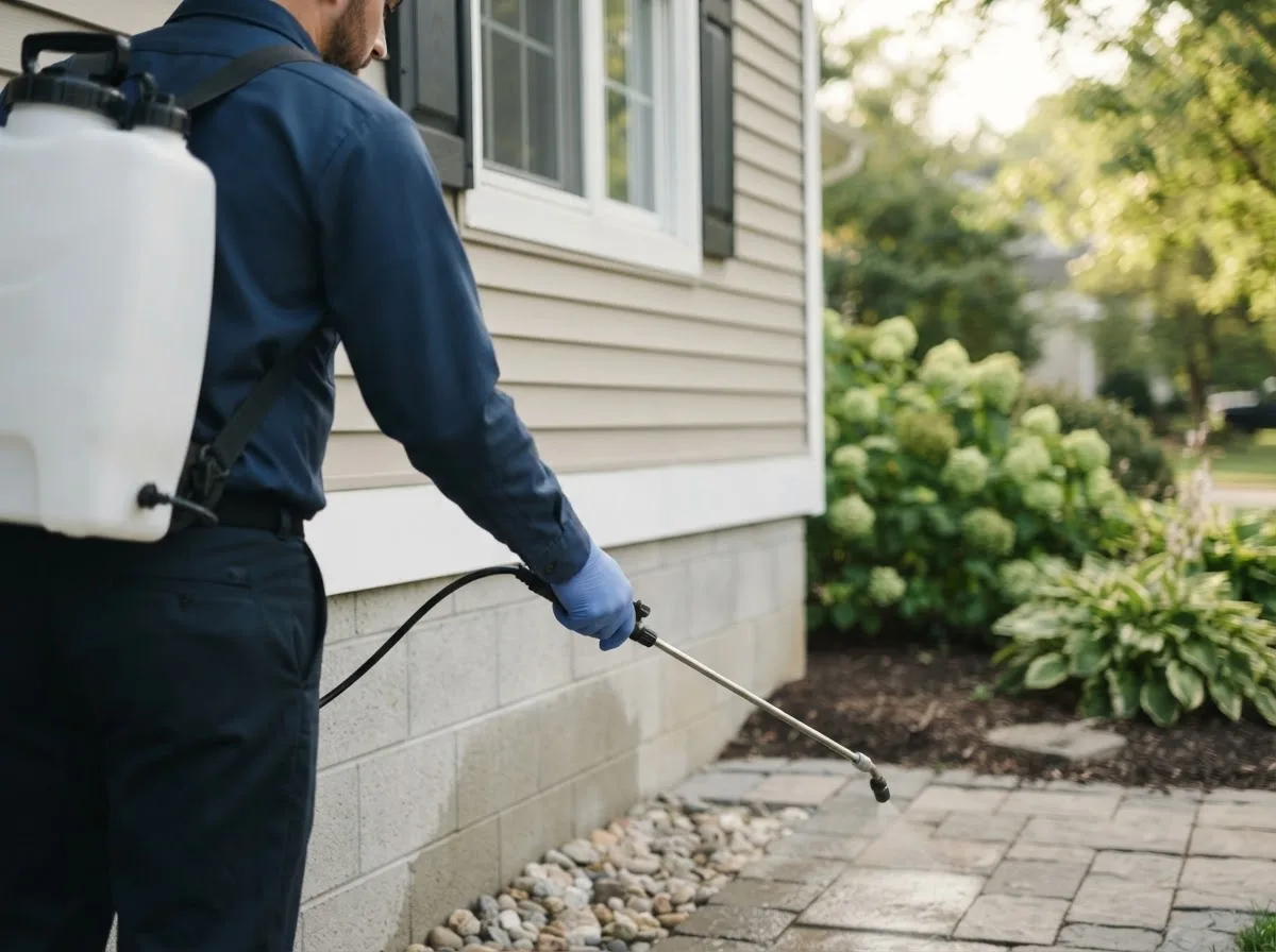 Pest control technician inspecting a home in The Rock, GA